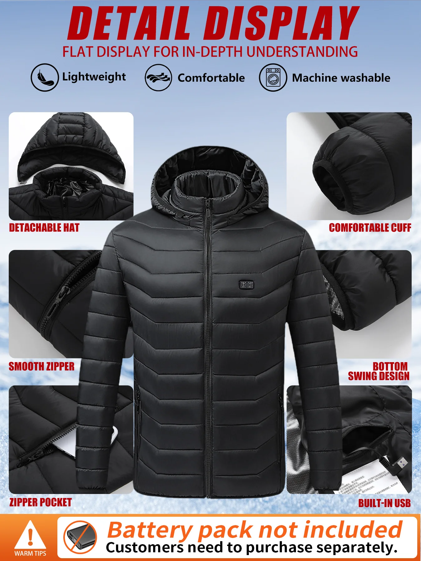 USB Rechargeable 15 Heating Zones Heated Hooded Coat