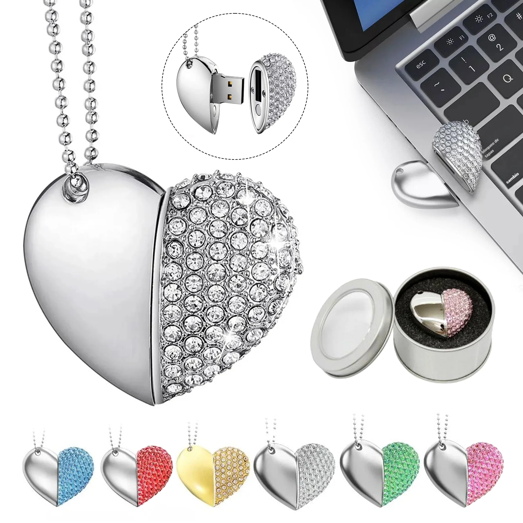 Heart-Shaped Usb Flash Drive 16Gb Crystal Necklace