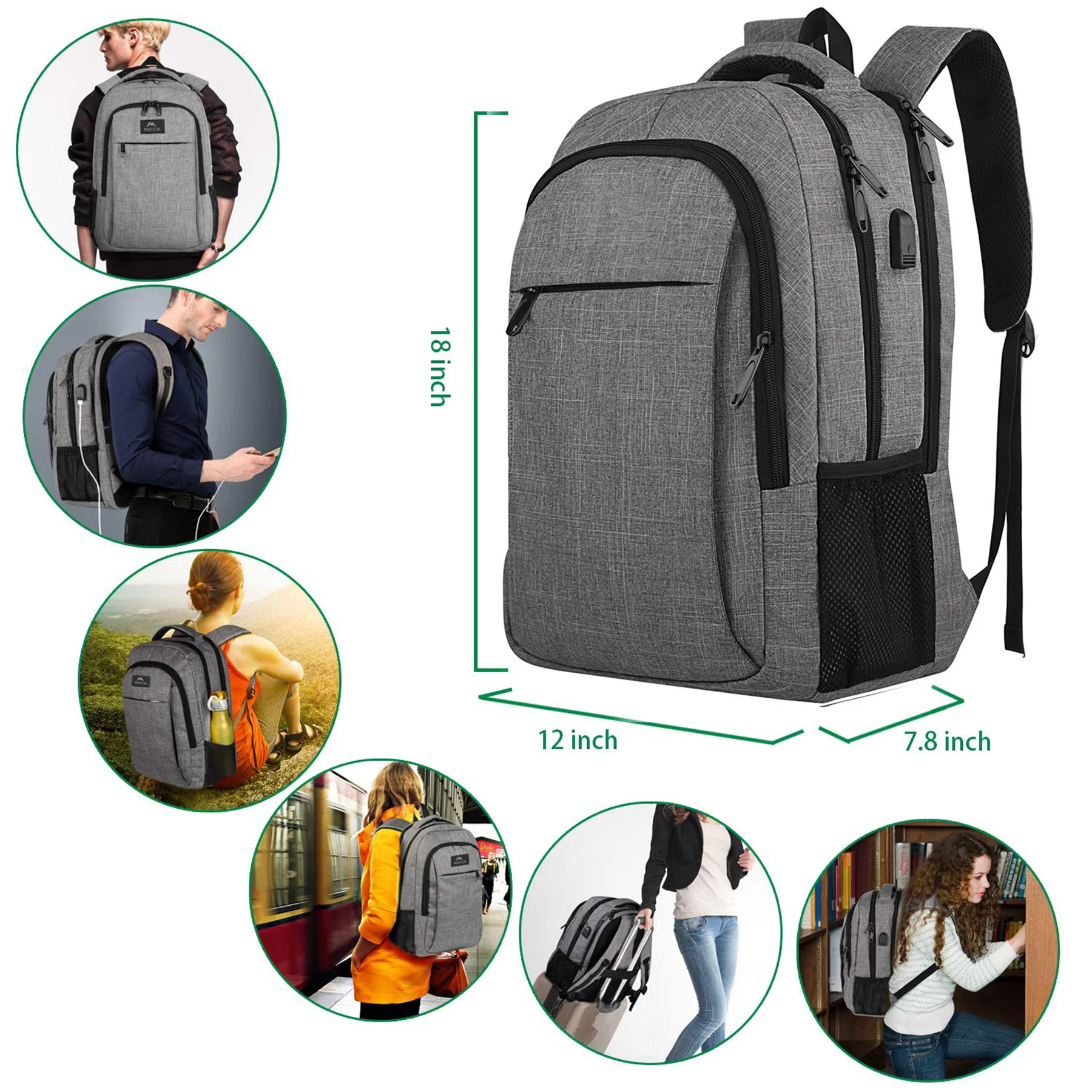 18 Inch Water Resistant Laptop Backpack with USB Port