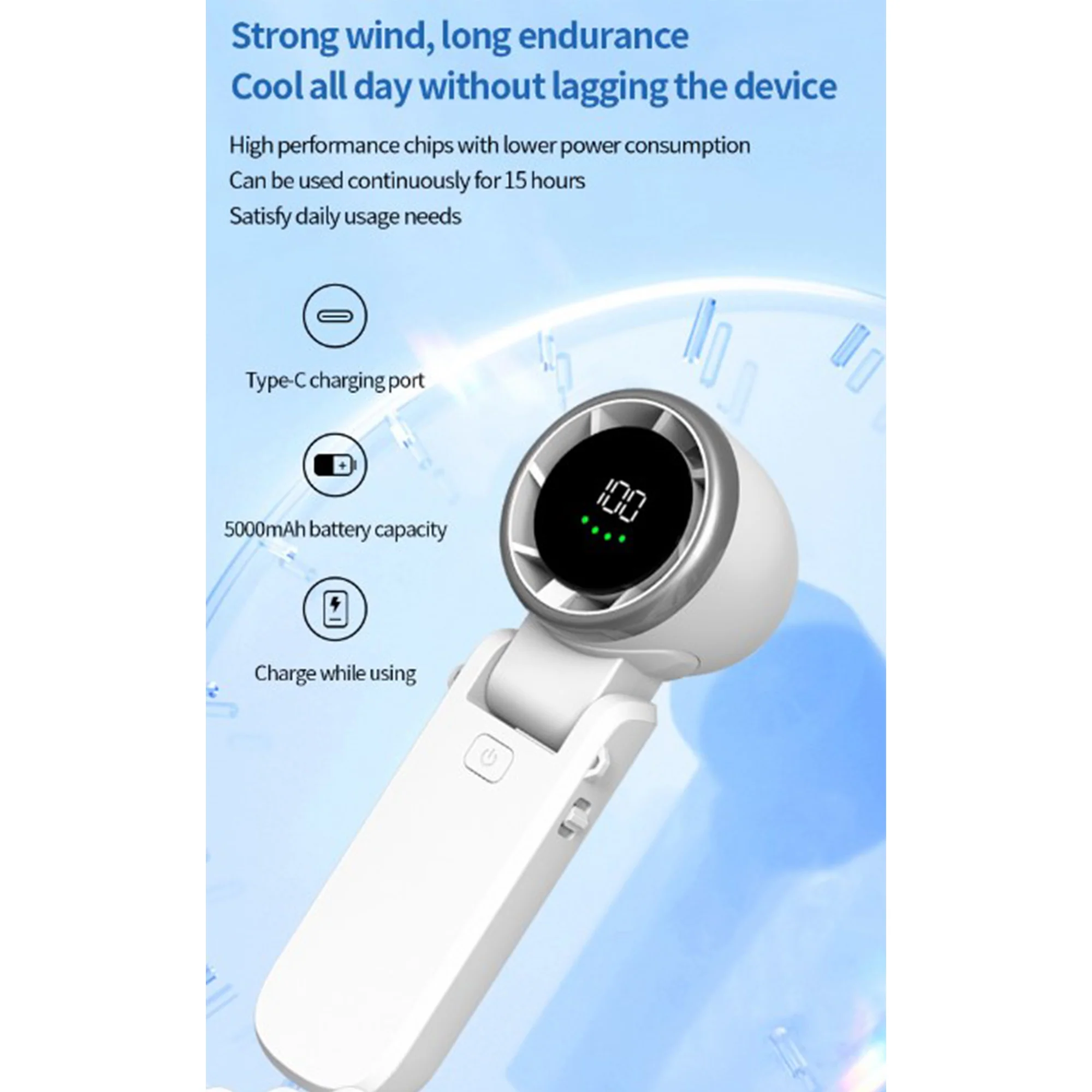 Portable Handheld Fan Speed(1-100) Adjustable And 5000Mah Battery Rechargeable