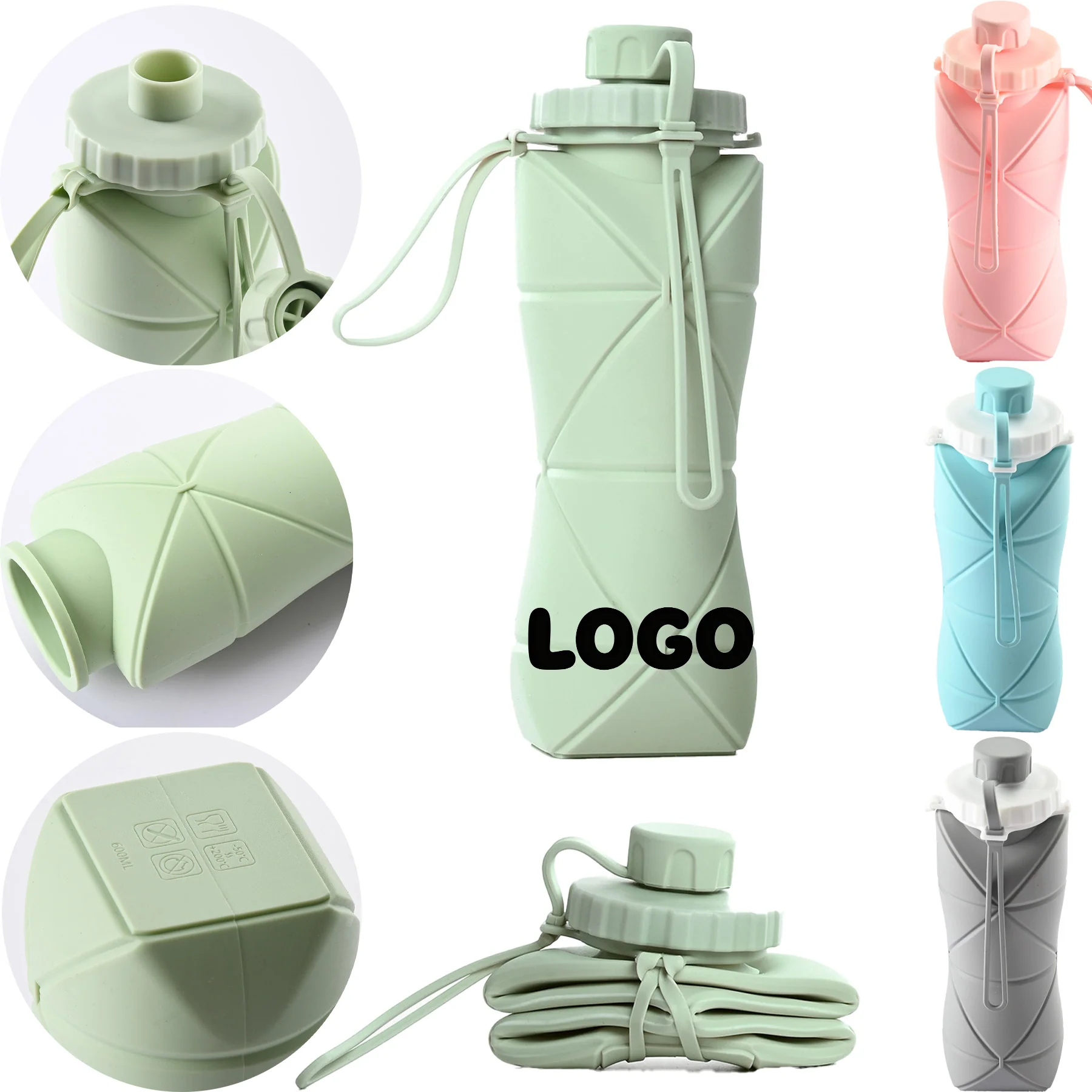 20 Oz. Collapsible Silicone Foldable Water Bottle with Straw