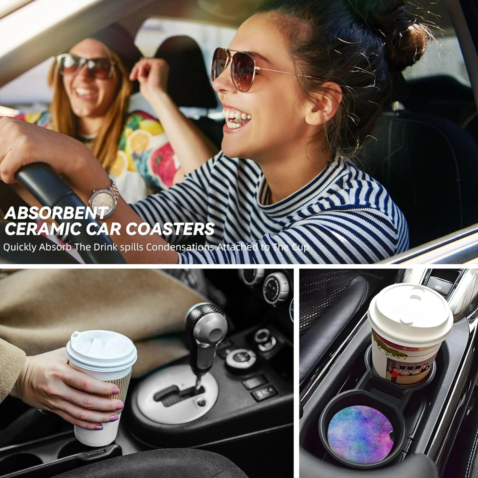 Ceramic Absorbent Car Cup Coasters with with Cork Base