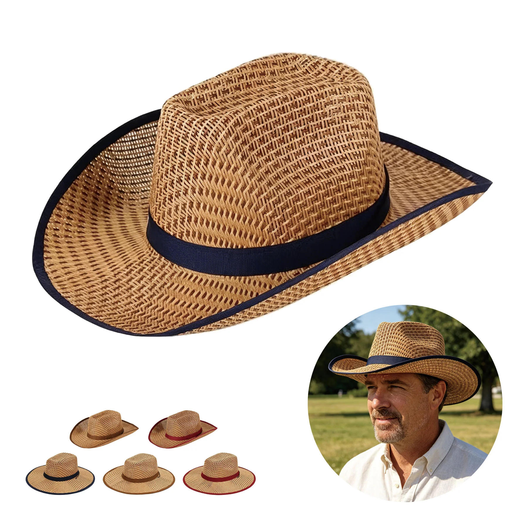 Summer Straw Cowboy Hat Wide Brim UV Protection