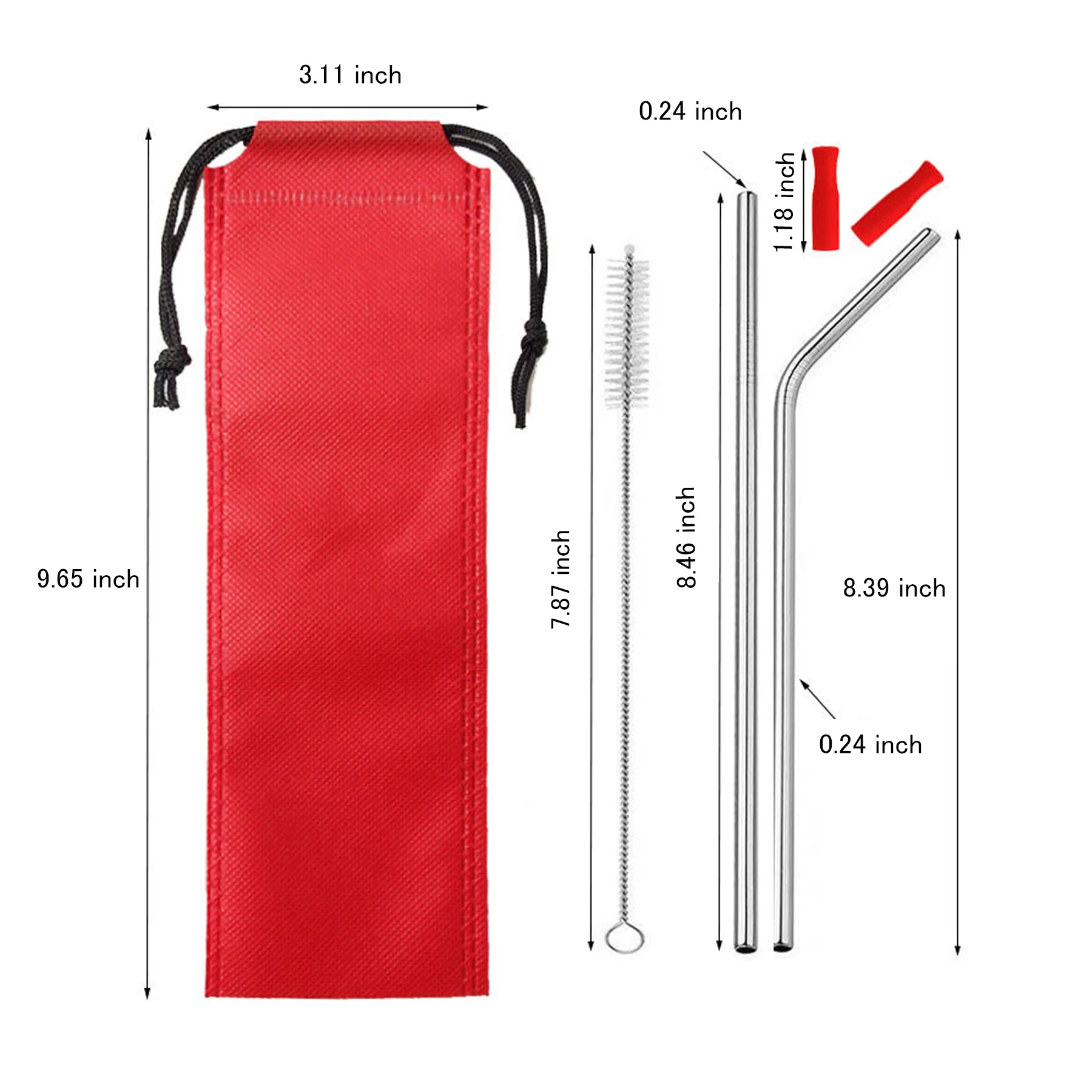 2Pcs Stainless Steel Straws With Silicone Tips And Cleaning Brush