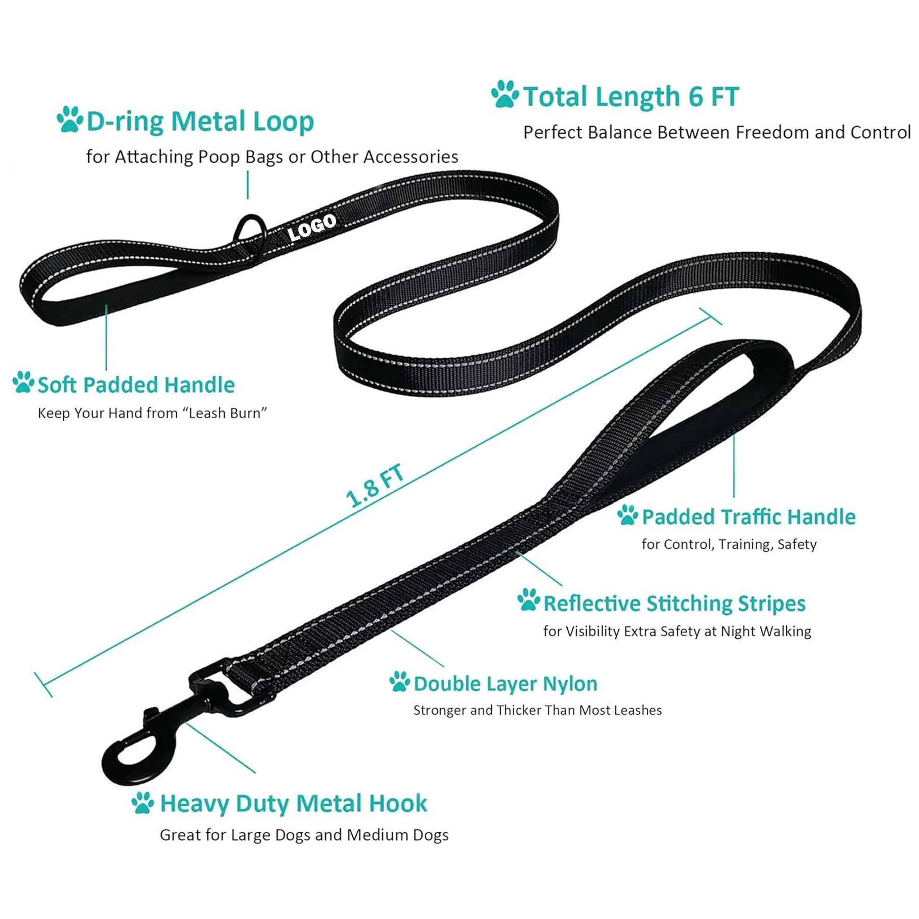 Heavy Duty Dog Leash 6ft Dual Handle Padded Traffic Control