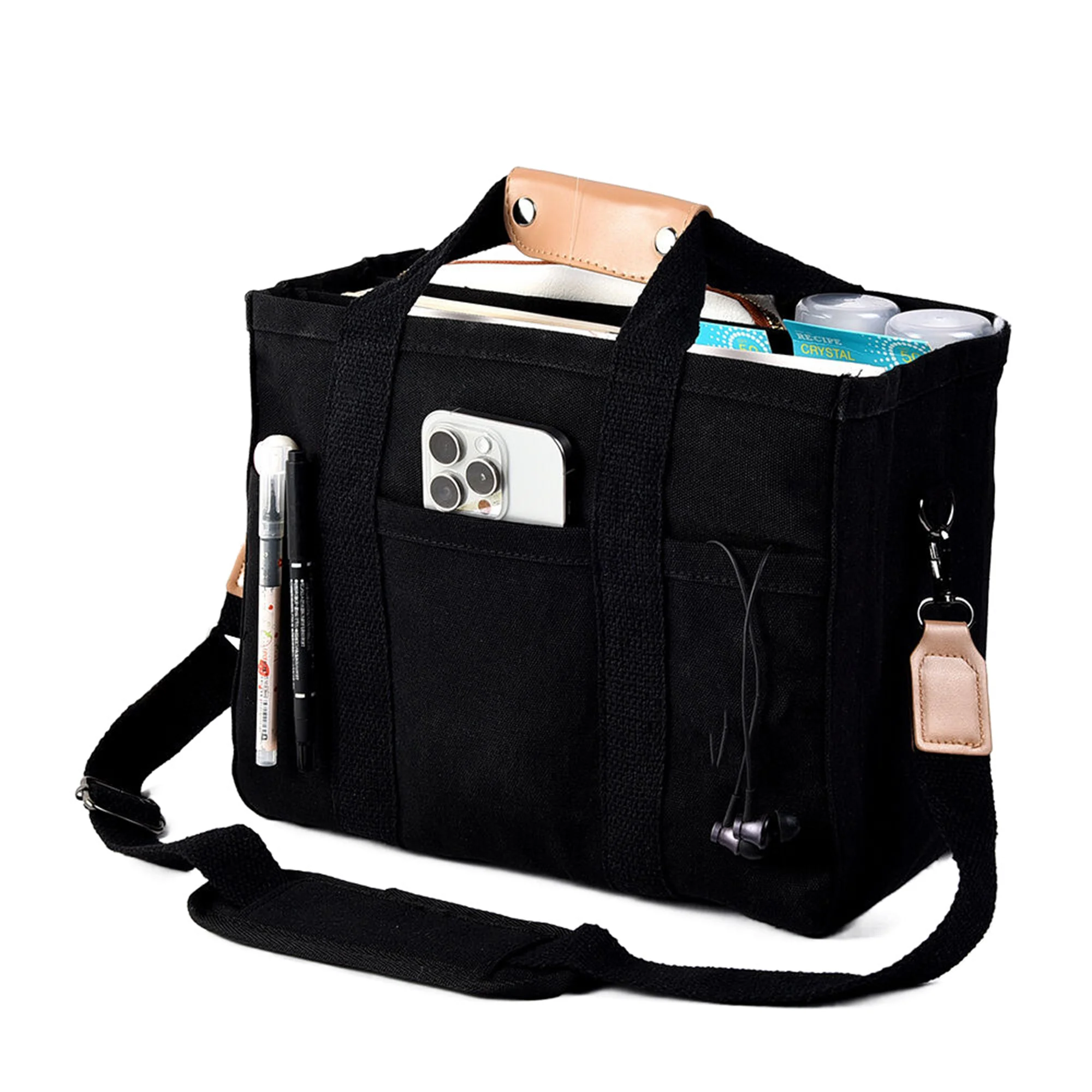Multi-Pocket Canvas Tote With Crossbody Strap