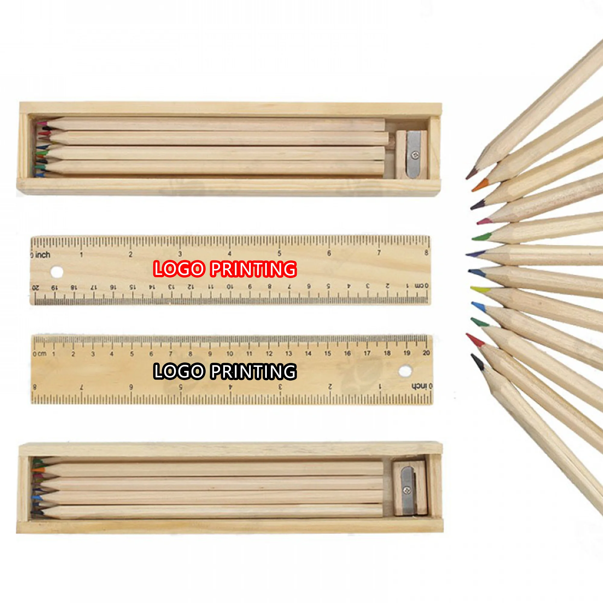 12 Colored Pencil Wooden Box Set Pencil Sharpener