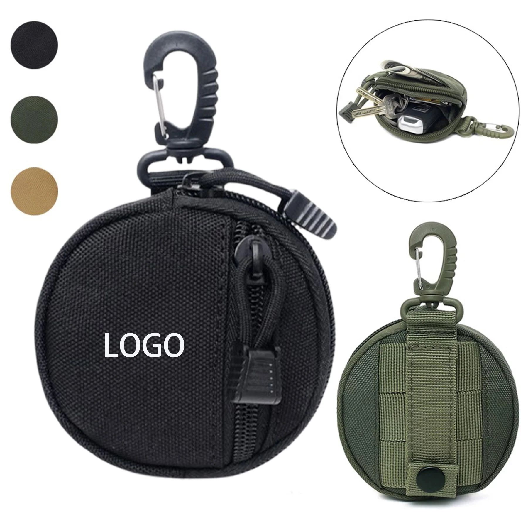 Portable Small Tactical Round Wallet Coin Purse W/ Carabiner