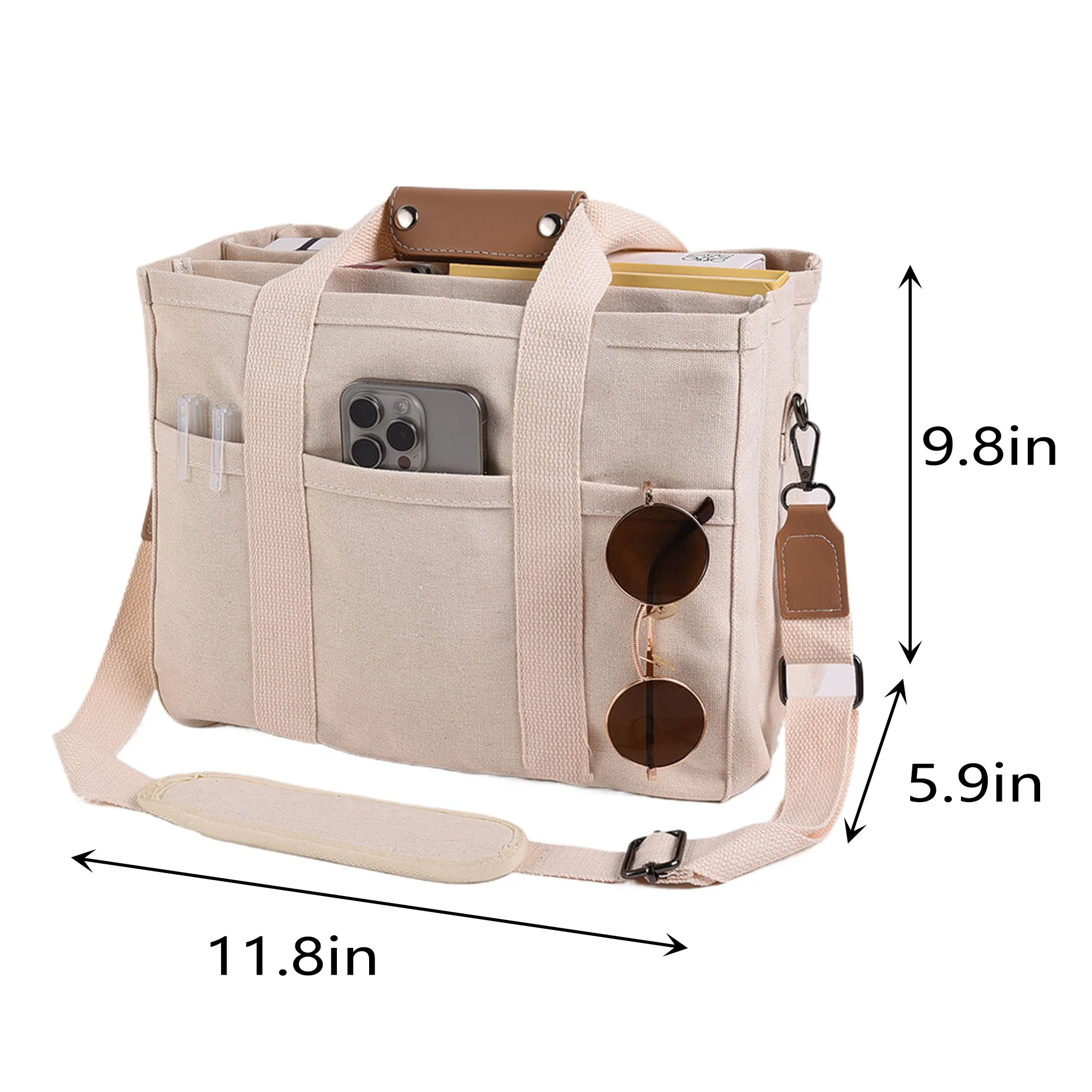 Multi-Pocket Canvas Tote With Crossbody Strap