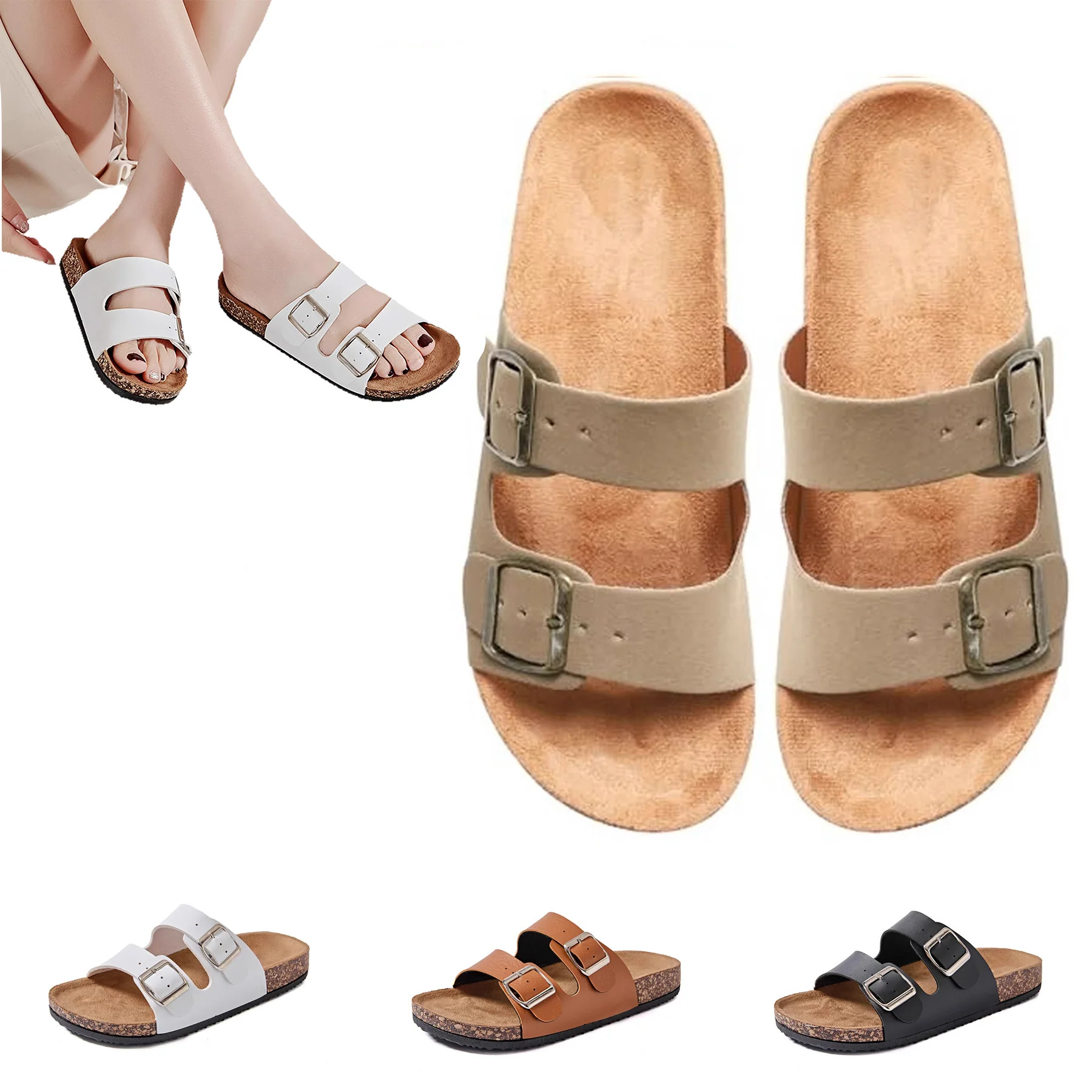 Adjustable Buckle Flat Cork Sandals