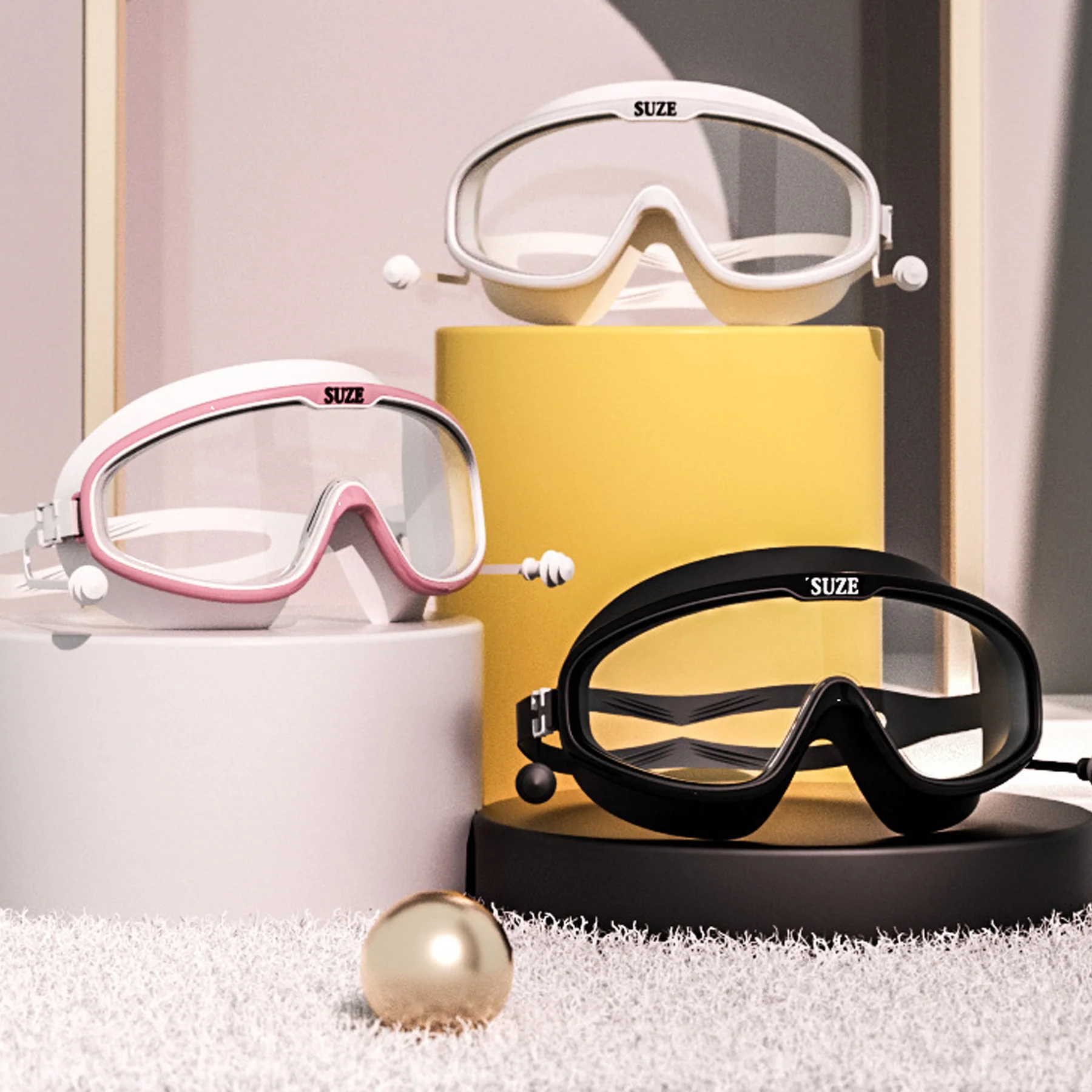 Large Frame Hd One Piece Earbud Swimming Goggles