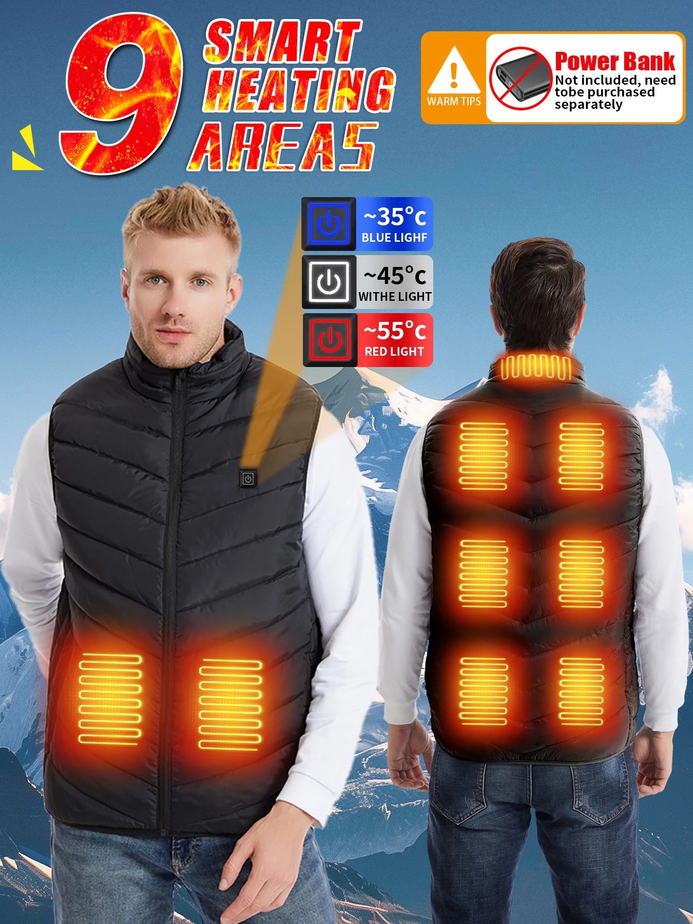 Electric Heated Vest with 3 Heat Levels 9 Heating Zones